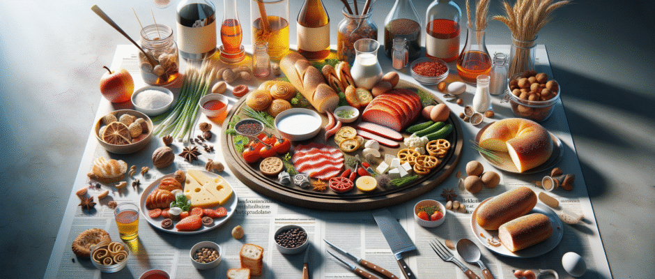 Tradycyjne potrawy z województwa świętokrzyskiego, w tym ser żółty z Sędziszowa i pierogi z Kielc, symbolizujące lokalne kulinarne dziedzictwo.