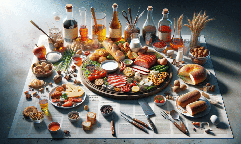 Tradycyjne potrawy z województwa świętokrzyskiego, w tym ser żółty z Sędziszowa i pierogi z Kielc, symbolizujące lokalne kulinarne dziedzictwo.